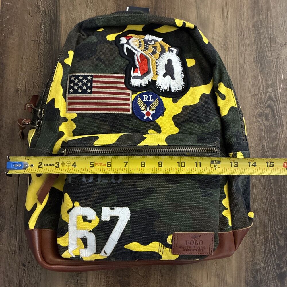 POLO Ralph Lauren '67 Backpack Men Yellow Camo Tiger USA Flag Patch Canvas - Picture 9 of 9